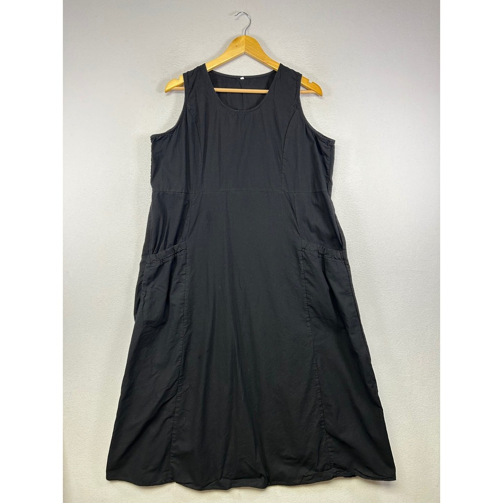 Lagenlook Women 2XL‎ Black Sleeveless Midi Pocket Dress Minimalist 5588